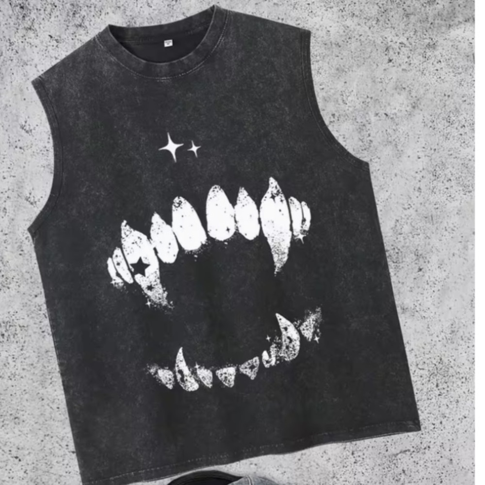 NEW ! VampireSleeveless Graphic Tee with White Fang Print